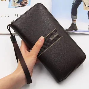 Elegant dark brown leather men's long wallet clutch with functional wrist strap and zipper
