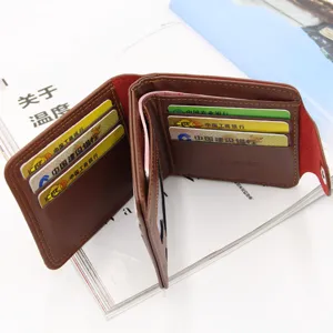 Cartera de cuero marrón para hombre con tres pliegues, ranuras para tarjetas y cierre