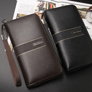 Premium men's leather long clutch wallets in black and brown with convenient wrist strap