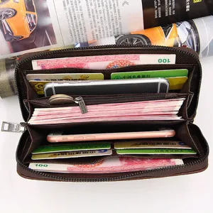 Premium men's large capacity long zipper leather wallet clutch with multi-card slots