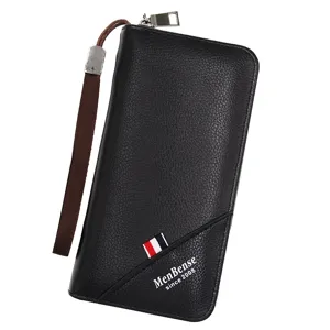 Men Long Business Zipper Wallet Large Capacity PU Leather Phone Clutch Bag With Wrist Strap Fashion Card Holder Organiser