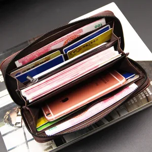 Large capacity men's long business wallet with zipper and multiple card slots.
