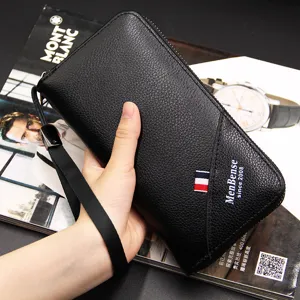 Premium black pebbled leather men's long wallet with large capacity business clutch design