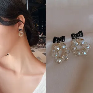 Elegant black bowknot earrings with clear faceted crystal wreath for women