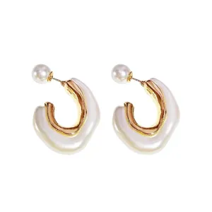 Elegant C-shaped hoop earrings with gold-tone metal and shimmering pearl finish