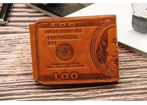 Detailed view of short brown leather wallet for men with engraved US dollar bill pattern