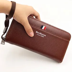 MenBense Heren Zakelijke Lange Portemonnee PU-leer Litchi Korrel Rits Rond Clutch Tas Driekleurige Streep Mode Kaarthouder Handtas