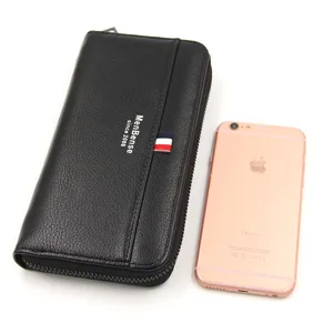 Heren zwart generfde lederen clutch portemonnee met ritssluiting en streepje