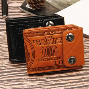 Men's PU Leather Short Wallet With US Dollar Print Double Snap Button Closure Fashion Casual Bifold Purse Card Holder Wallet