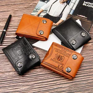 Premium men's short bifold wallet with double snap buttons and dollar bill motif