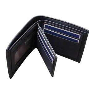 Cartera bifold minimalista de cuero azul mate para hombre con ranuras para tarjetas