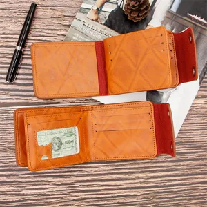 Men's brown leather bifold wallet with multiple card slots and double snap buttons