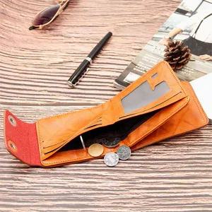 Classic tan men's short bifold wallet with double snap buttons and coin pocket.