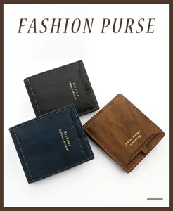 MenBense men's short wallets shown in black, blue, and brown with embossed texture.