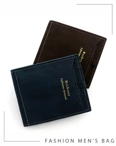 Detailed macro shot of navy and brown men's bifold wallets with gold embossed text
