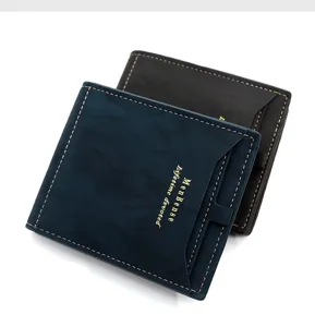 Detail showing blue and brown MenBense short wallets with pull-out card slot feature