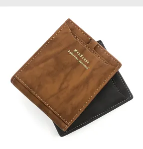Macro detail of MenBense brown and black faux leather men's short wallets with card slots