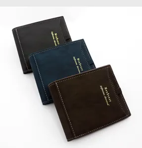 Three stylish MenBense men's short wallets in black, navy and brown with gold logo