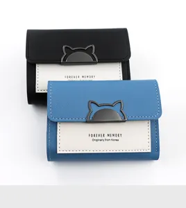 Detail of Korean style minimalist trifold wallets with a cute cat ear metal clasp