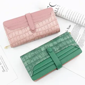 Portefeuille Long pour Femme en Cuir PU Texture Pierre Crocodile Pochette Porte-Cartes avec Fermeture Éclair et Pression Sac à Main Mode