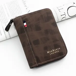 MenBense Leather Short Wallet For Men Zip Around Card Holder Wallet With Tri-Color Ribbon Korean Fashion Frosted PU Leather Wallet