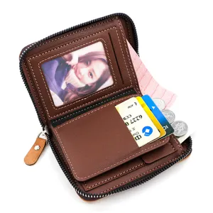 Classic brown men's short wallet with zipper closure, card slots and coin pocket storage