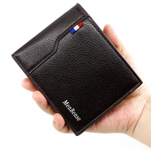 Close-up of MenBense brown PU leather wallet with textured finish and brand logo