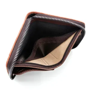 Cartera corta de cuero para hombre con cremallera y gran compartimento para monedas