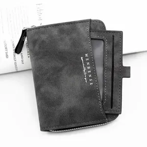 Elegant men's matte grey short wallet with pull-out card slot and zipper pocket