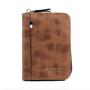 Stylish brown men's short wallet with wrap-around zipper and matte textured finish.