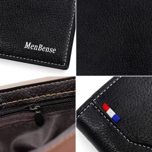 Detailed view of men's short PU leather wallet with multiple card slots and coin pocket