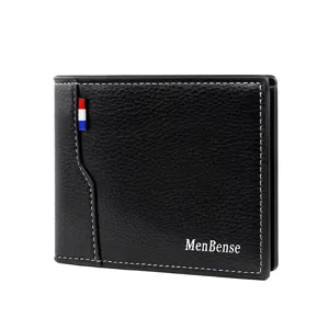 Elegant black PU leather men's short wallet with tricolor tag and MenBense logo