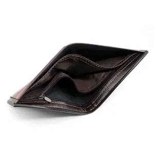 Frosted brown men's short bifold wallet featuring large capacity and a zipper coin pocket