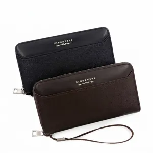 Portefeuille Long en Cuir PU Mode pour Hommes Pochette Grande Capacité Affaires Décontractées Sac pour Téléphone avec Dragonne Organisateur de Cartes à Fermeture Éclair