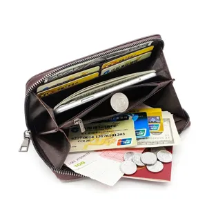 Grand portefeuille pour hommes en cuir PU marron avec fermeture éclair et fentes pour cartes