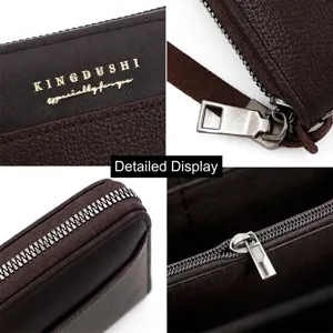 Portefeuille long pour hommes en cuir PU marron avec fermeture éclair et détails