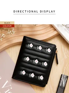 Close-up of black women's short zip wallet featuring elegant white floral embroidery