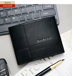 Close-up of MenBense minimalist black business wallet with textured stripes