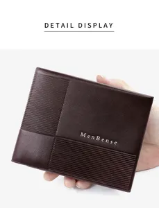 Close-up of brown MenBense wallet featuring sleek horizontal stripes and leather texture