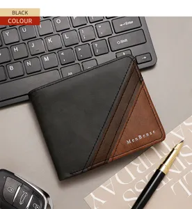 Dettaglio di un portafoglio da uomo con elegante design a blocchi di nero e marrone.