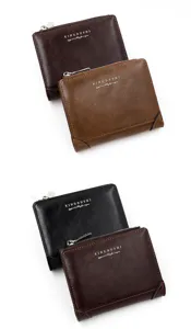 Vista detallada de carteras de cuero para hombre en varios colores con logotipos dorados