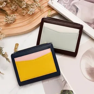 Women's Contrast Color Short Wallet PU Leather Zipper Coin Purse Multi Card Slot ID Window Holder Trendy Fashion Money Clip