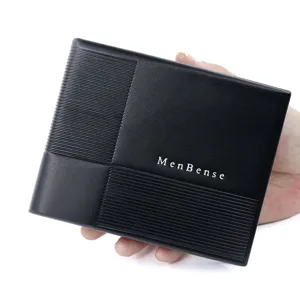 MenBense minimalist black leather business wallet for men with textured stripes