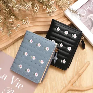 Women Short PU Leather Wallet Fresh Flower Embroidery Zipper Coin Purse Multi Card Slot Holder Korean Sweet Fashion Wallet