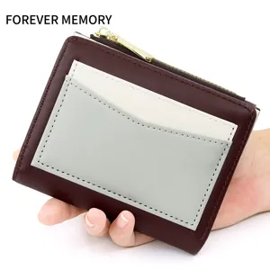 Stylish color block women's short zipper wallet with multi-card slots and coin pocket.