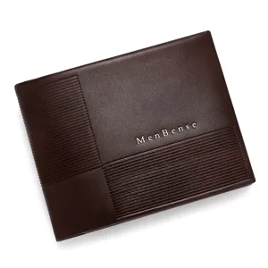 Premium minimalist dark brown MenBense bifold wallet featuring elegant embossed stripe texture
