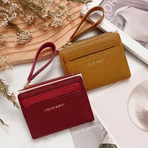 Cartera Corta de Cuero PU para Mujer Con Correa de Muñeca Estilo Coreano Tarjetero Con Cremallera Monedero