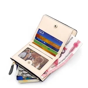 Elegant beige women's short bifold leather wallet with multi-card slots and zipper coin pocket
