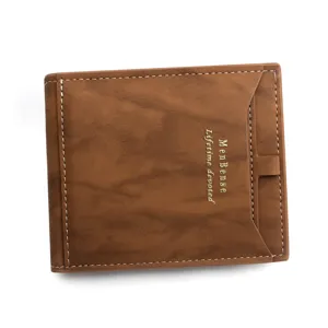 MenBense brown leather short wallet for men with multi-card slots and embossed logo