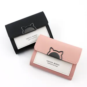 Women's Trifold Short Wallet With Cute Cat Ear Metal Buckle PU Leather Cartoon Letter Print Student Card Holder Purse